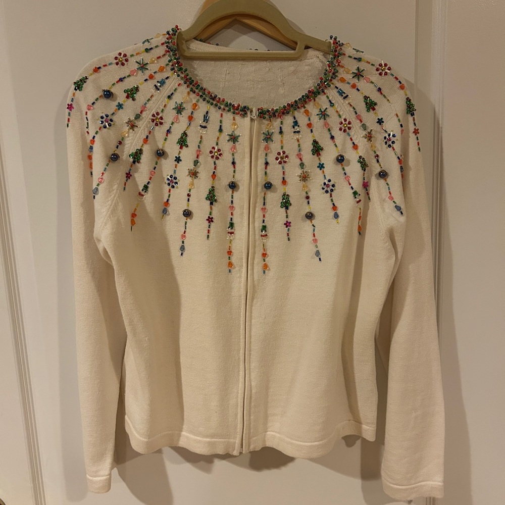 Rare 1960 creme beaded sweater Christmas beads